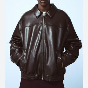Zara Dark Brown Leather Bomber Jacket